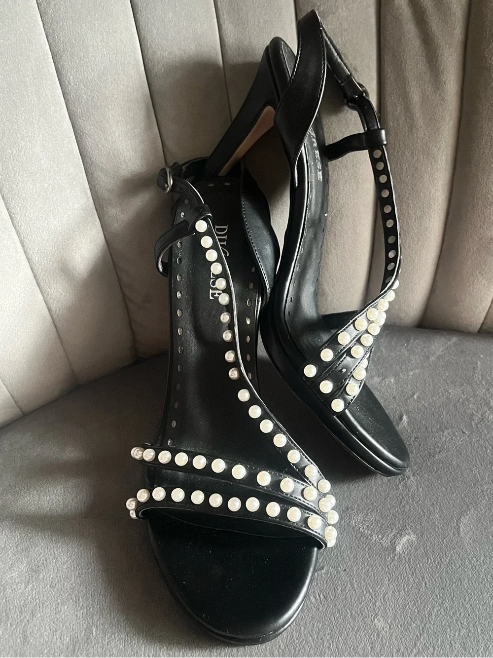 Pearl-Accent Black Slingback Heels